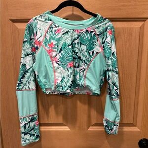 Tropical Mint Long-Sleeve Crop One-Piece Swim Top